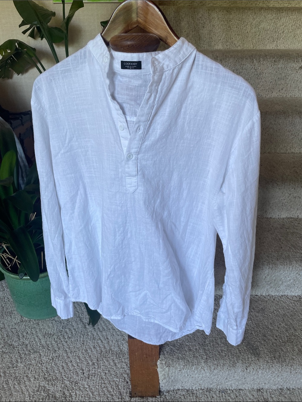 Coofandy White Cotton Hemp Blend Henley Tunic Top